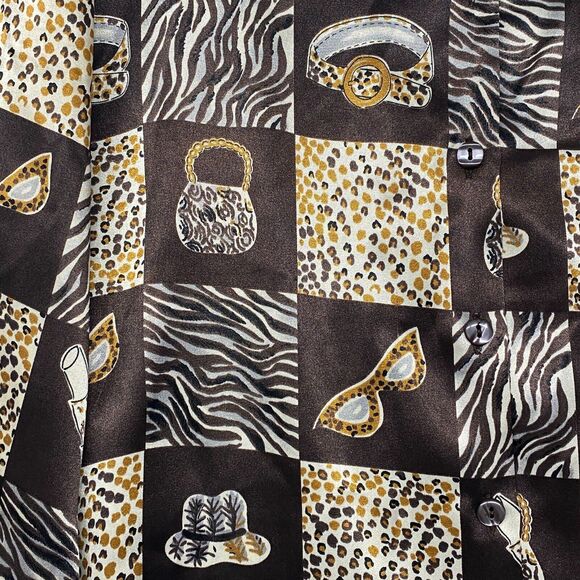 Vintage Kathy Lee Shirt Womens Large Button Up Brown Handbag Makeup Kitsch Silky - Picture 2 of 7